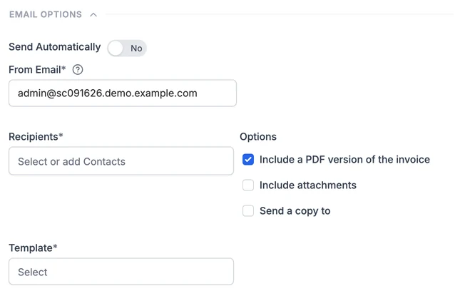 Recurring invoice email options: send automatically, from email, recipients, include a PDF of the invoice, and template