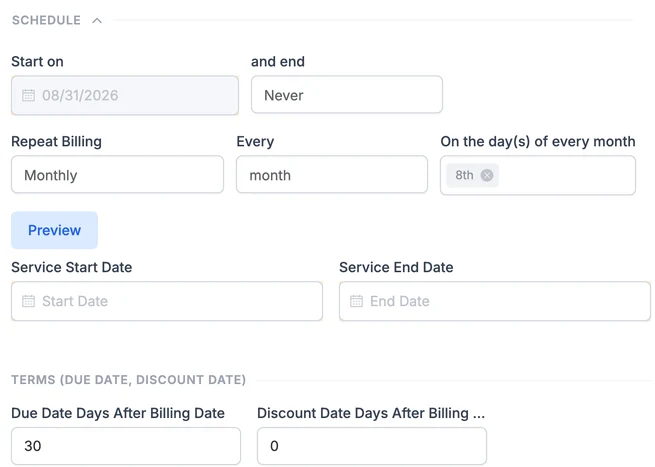 Recurring service invoice schedule: start date, repeat billing monthly on the 8th, service start and end dates, and due date 30 days after billing
