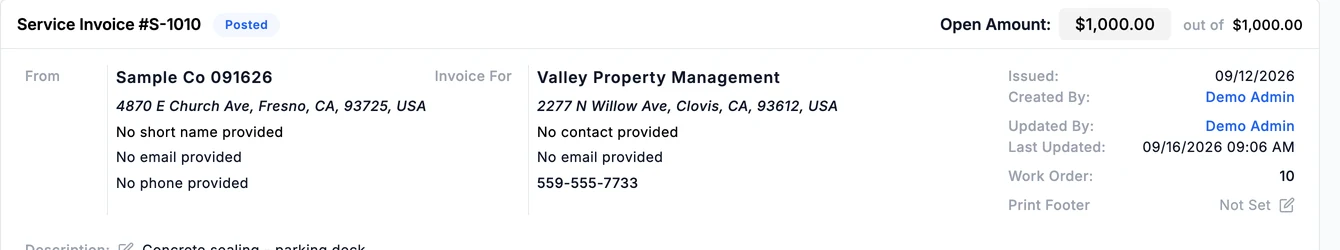 Service invoice S-1010 posted for work order 10, Valley Property Management, open amount $1,000