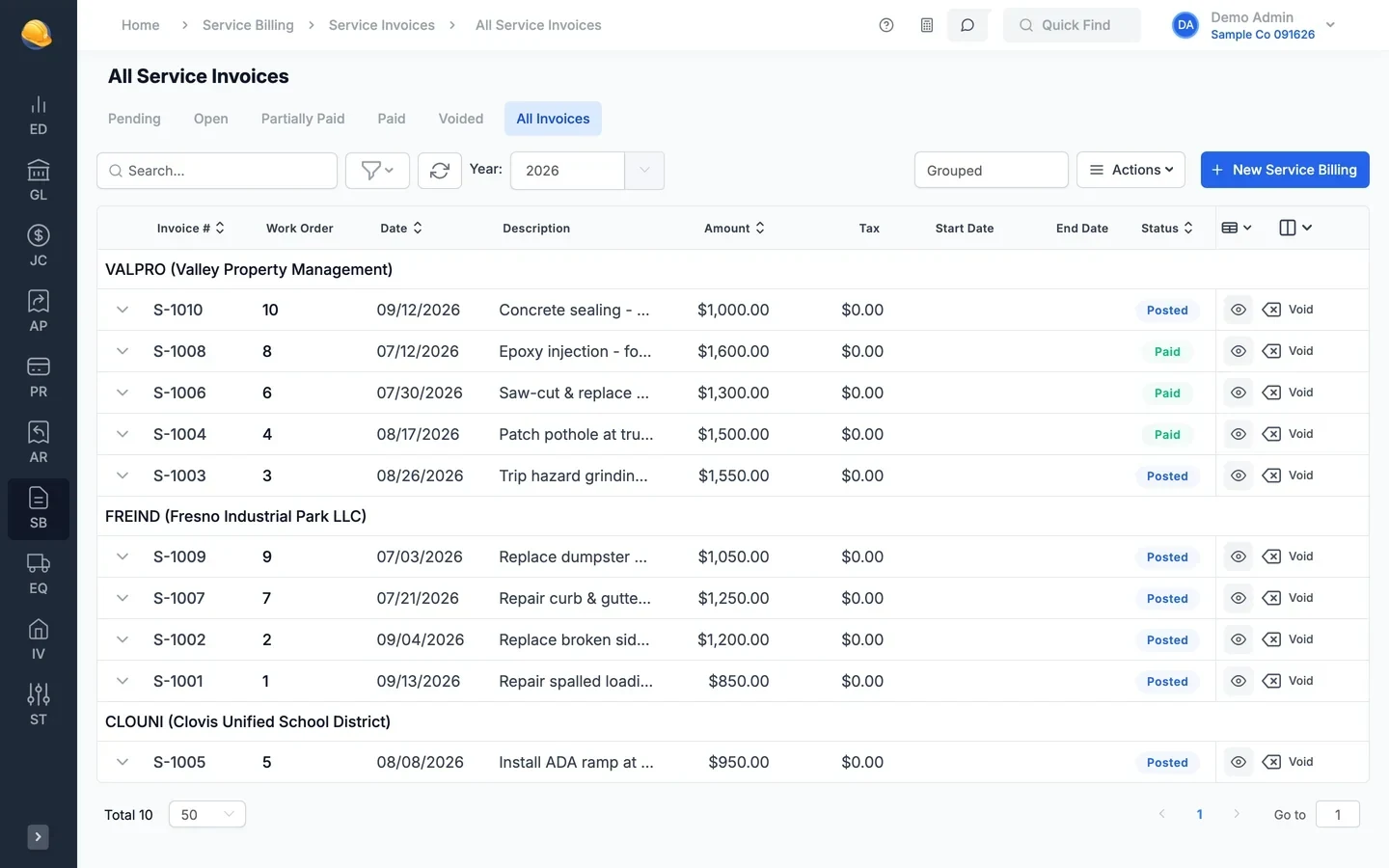 Service invoices grouped by customer with invoice number, work order, date, description, amount, and posted or paid status