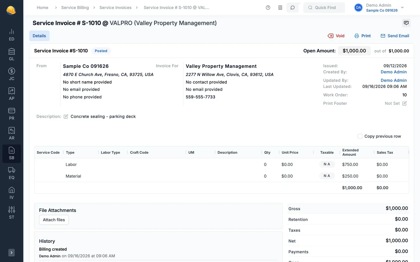 Service invoice S-1010 for Valley Property Management on work order 10: labor and material lines, gross, taxes, net, and payments