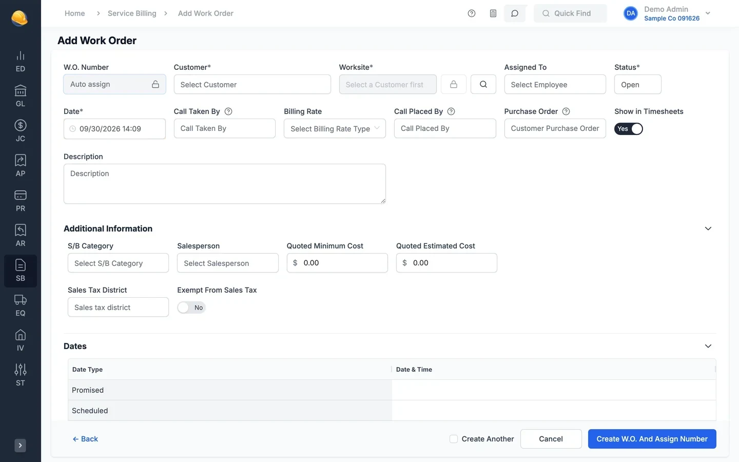 Add work order form: auto-assigned W.O. number, customer, worksite, assigned to, status, date, call taken by, billing rate, call placed by, purchase order, and description