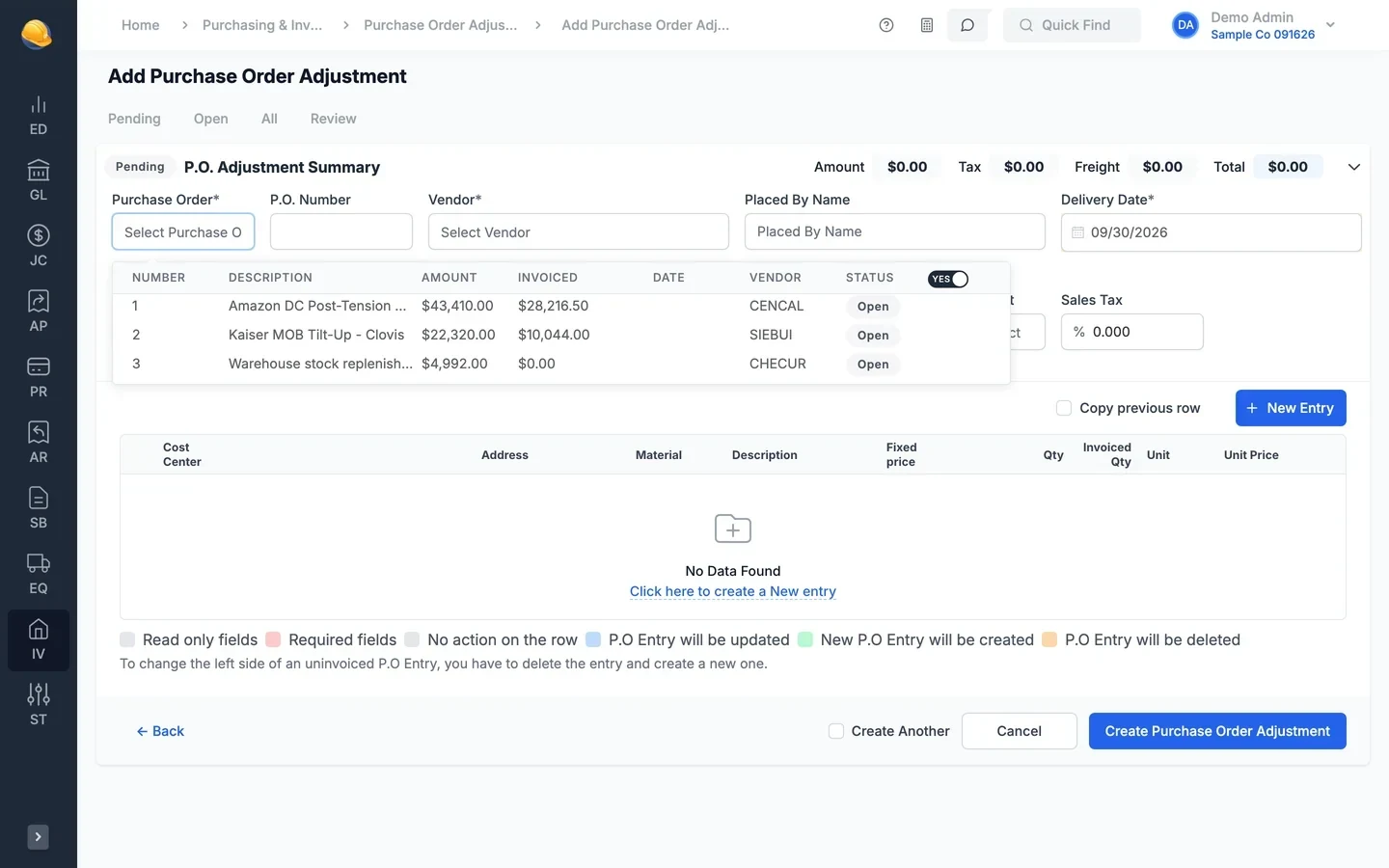 Add purchase order adjustment: purchase order picker listing open POs with amount, invoiced amount, vendor, and status, plus the adjustment summary