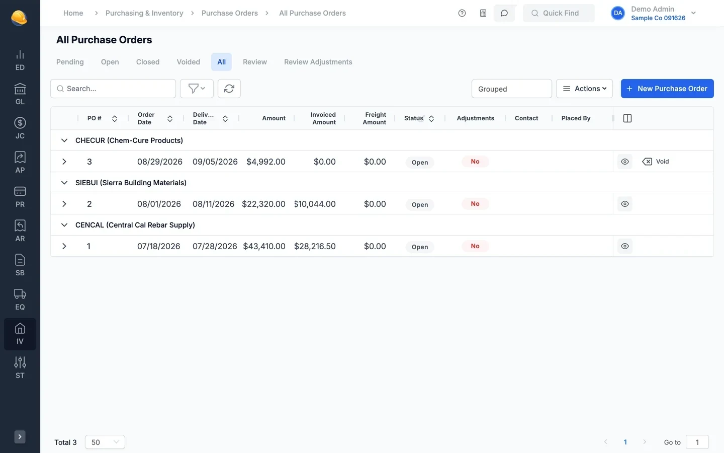 All purchase orders grouped by vendor with order date, delivery date, amount, invoiced amount, freight, and status