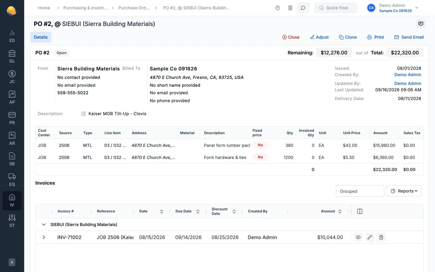 Purchase order 2 for Sierra Building Materials on job 2506: remaining $12,276 out of $22,320, two material lines, and one vendor invoice for $10,044