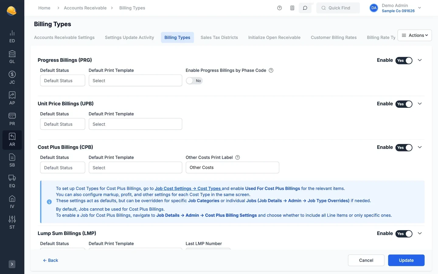 Billing types settings: progress, unit price, cost plus, and lump sum billings, each with a default status and print template