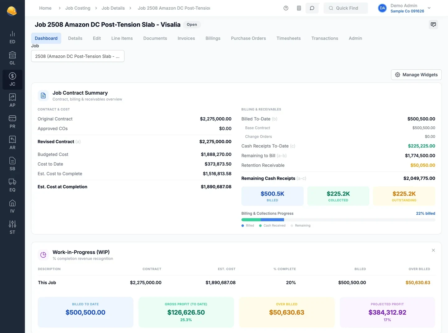 Job 2508 dashboard: contract summary with revised contract, cost to date, and billed to date, and work in progress with percent complete, billed to date, gross profit, over billed, and projected profit