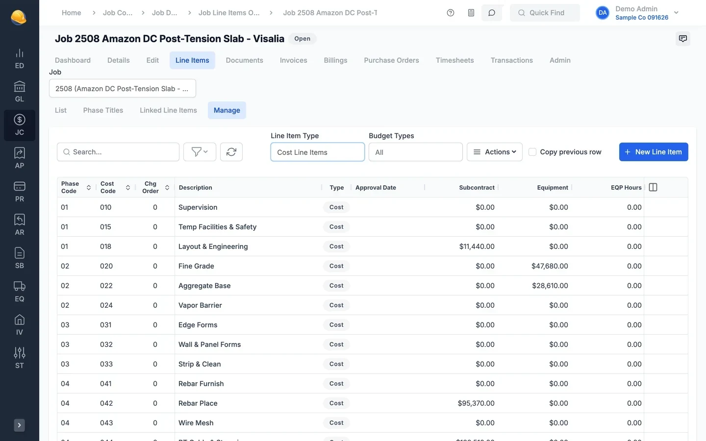Manage line items for job 2508: cost line items by phase and cost code with editable budget columns for subcontract, equipment, equipment hours, labor, labor hours, and material