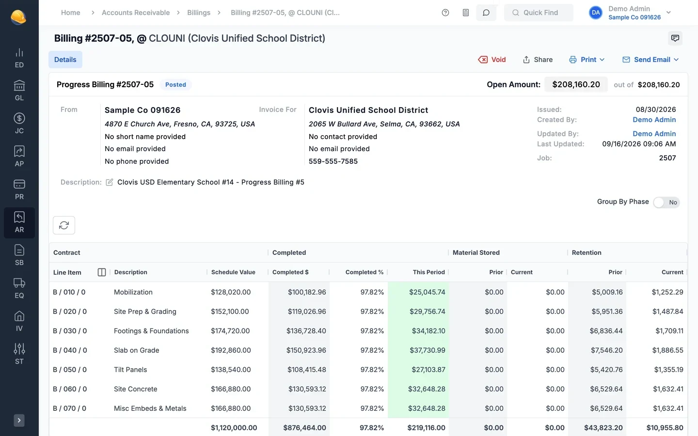 Progress billing 2507-05 for Clovis Unified School District: schedule value, completed amount and percent, this period, materials stored, and retention for each line item