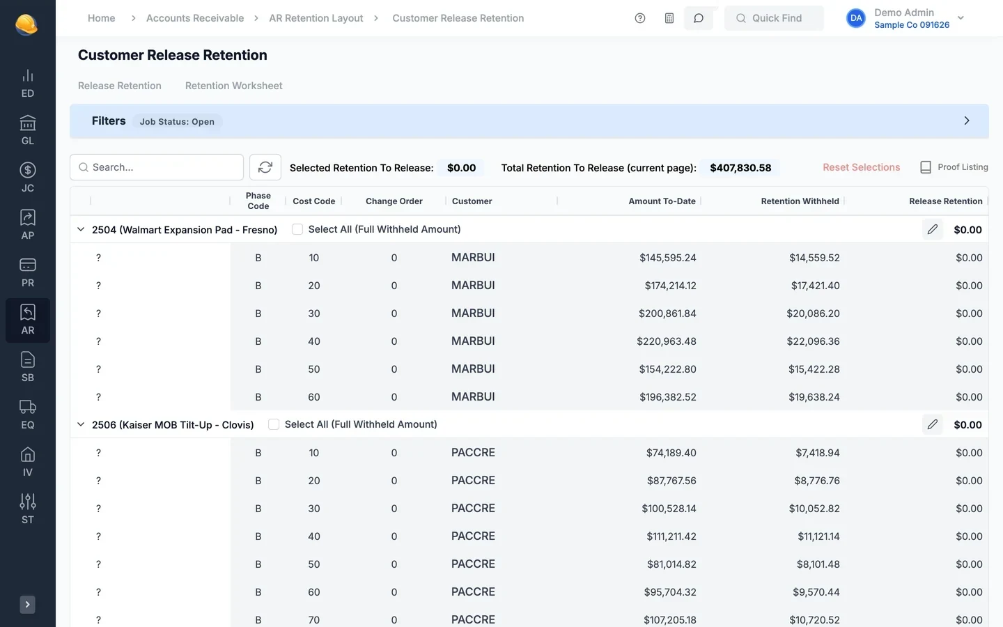 Customer release retention by job and line item: amount to date, retention withheld, and the amount to release