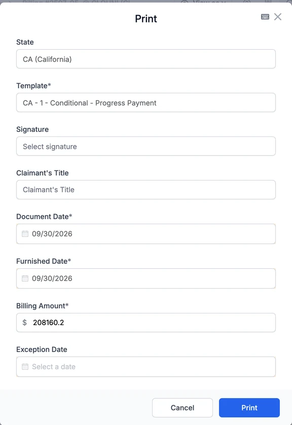 Waiver print options: California, template CA 1 Conditional Progress Payment, signature, claimant title, document date, furnished date, and billing amount