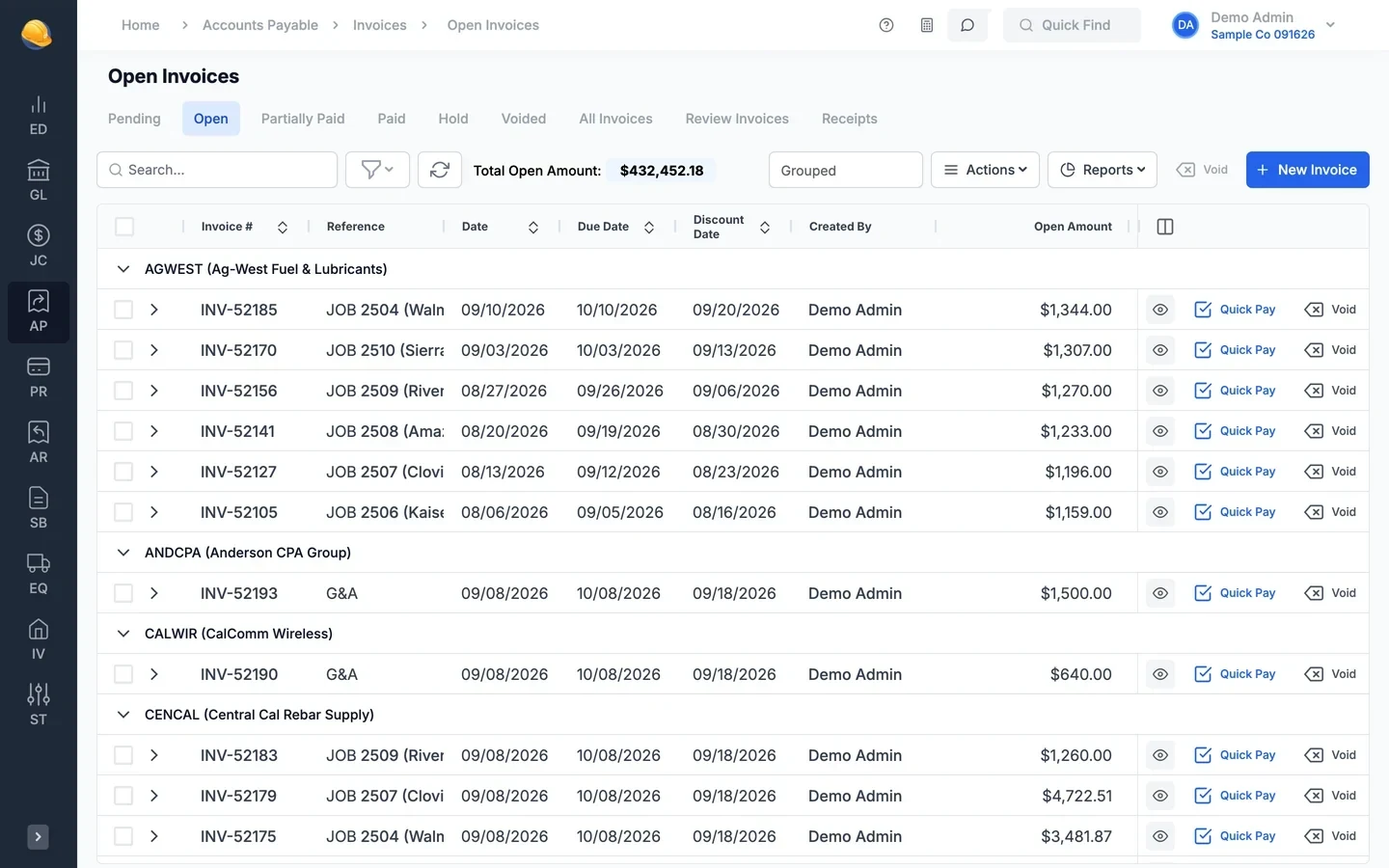 Open AP invoices grouped by vendor with job, dates, discount date, open amount, and quick pay