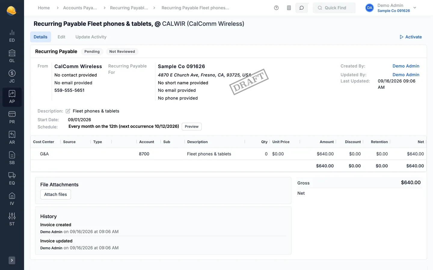 Recurring payable for fleet phones and tablets from CalComm Wireless: every month on the 12th, next occurrence 10/12/2026, G&A account 8700, $640