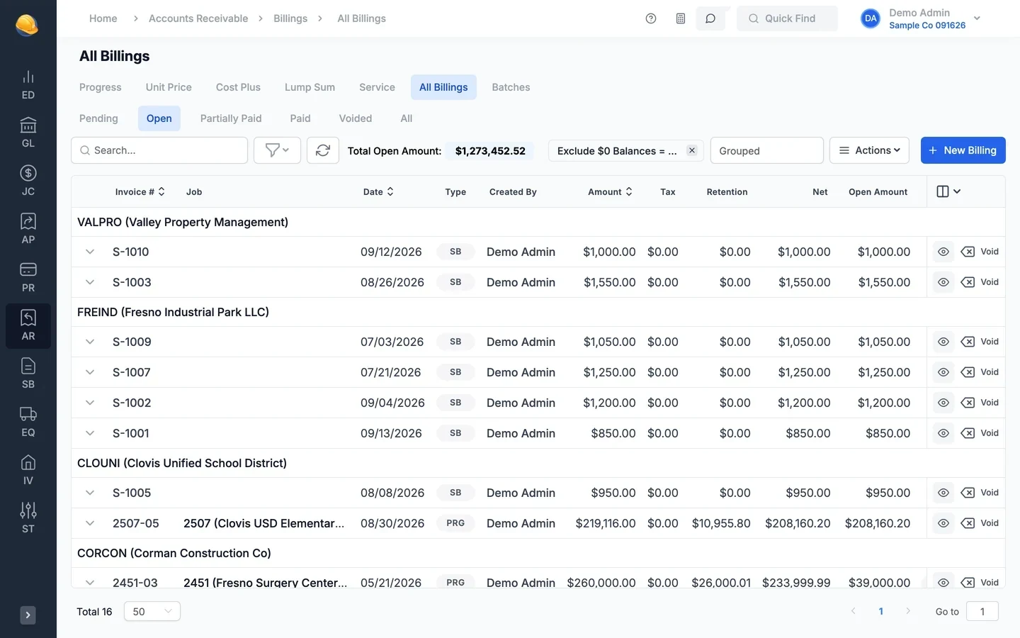 All billings grouped by customer with progress and service billings, amounts, retention, and open amounts, and tabs for each billing type
