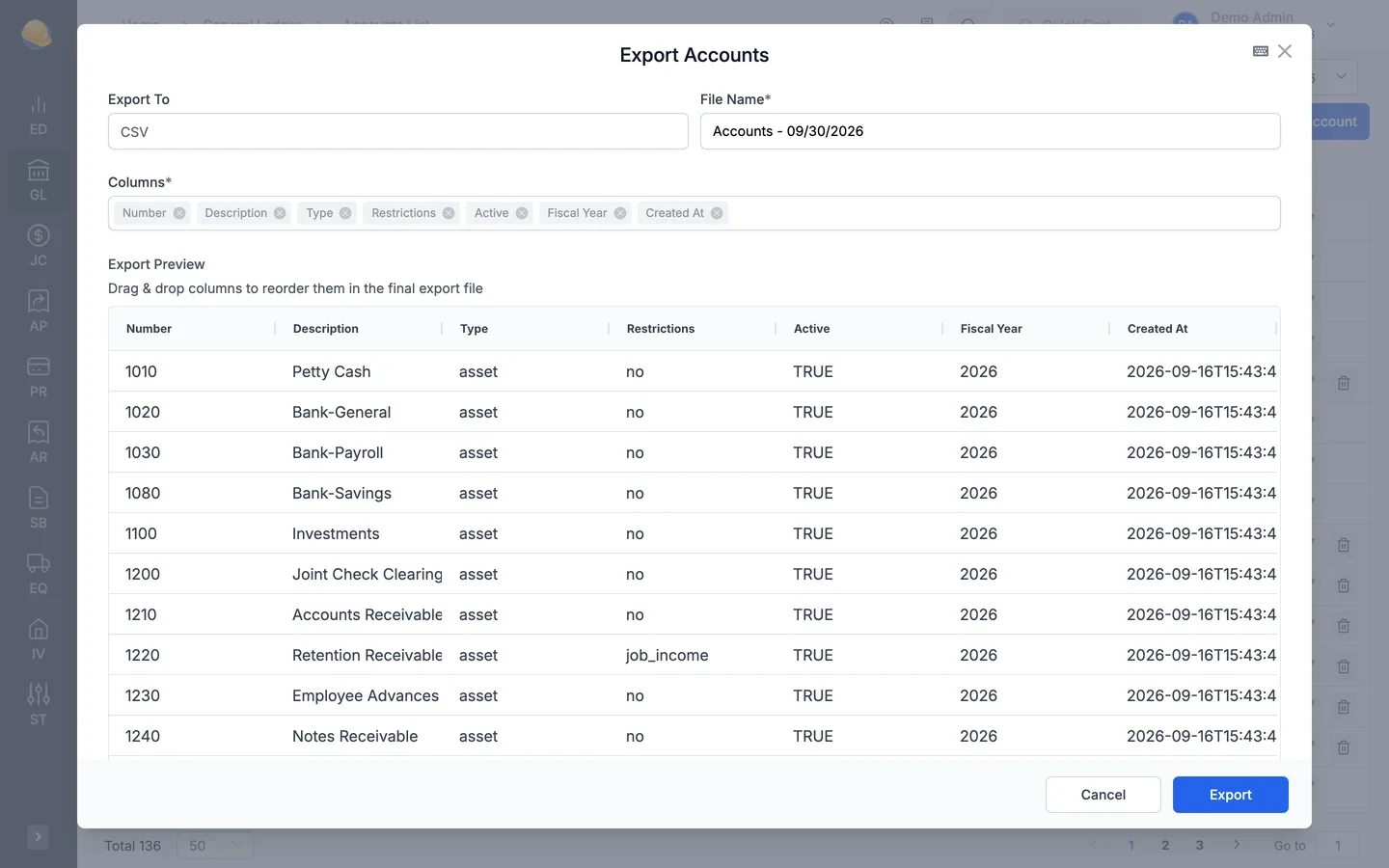 Export accounts dialog: export to CSV, file name, selected columns, and a preview of the chart of accounts