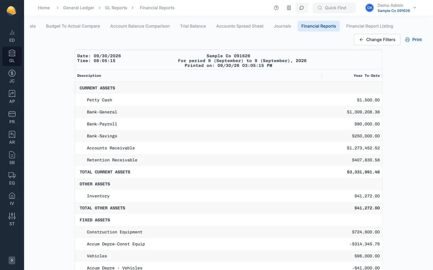 Balance sheet for period 9 of 2026 built from a custom financial report layout: current assets, other assets, and fixed assets with accumulated depreciation