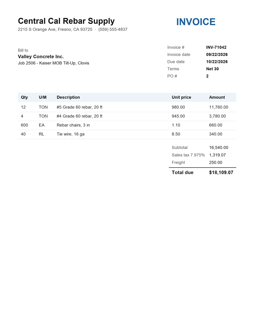 The vendor invoice PDF that was scanned: Central Cal Rebar Supply invoice INV-71042 for job 2506
