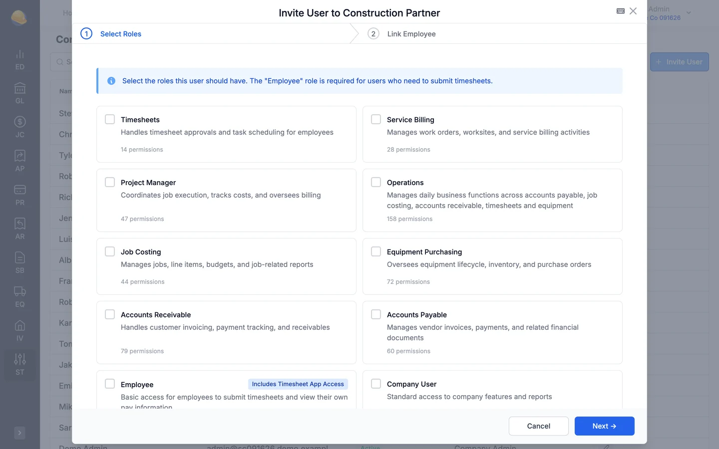 Invite user to Construction Partner: select roles such as timesheets, service billing, project manager, operations, job costing, equipment purchasing, accounts receivable, accounts payable, and employee