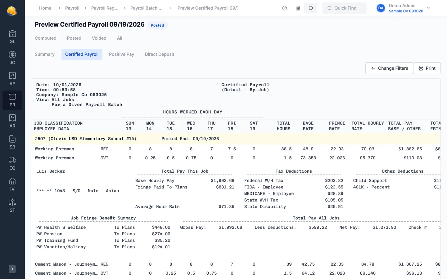 Certified payroll for job 2507 Clovis USD Elementary School, week ending 09/19/2026: hours worked each day, base and fringe rates, deductions, and fringe benefits paid to plans