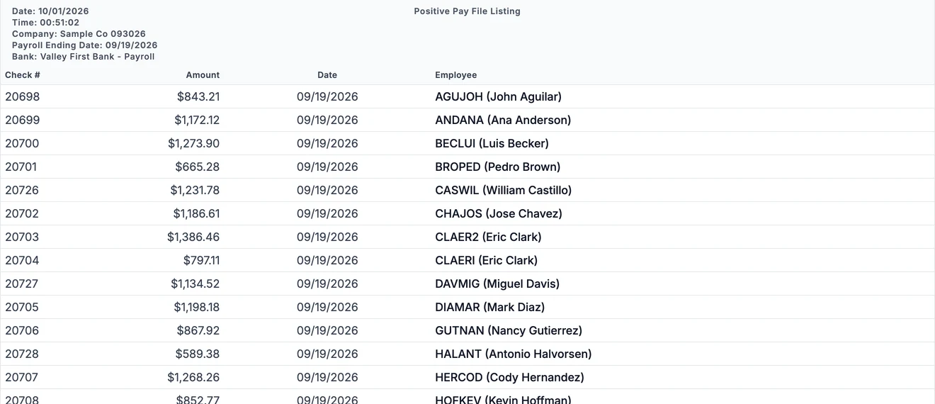 Positive pay file listing for the 09/19/2026 payroll: check number, amount, date, and employee for each check
