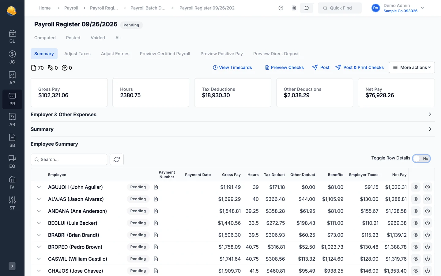Payroll register for the week ending 09/26/2026: 70 checks, gross pay $102,321.06, 2,380.75 hours, tax and other deductions, net pay, and gross pay, hours, taxes, benefits, and net pay by employee