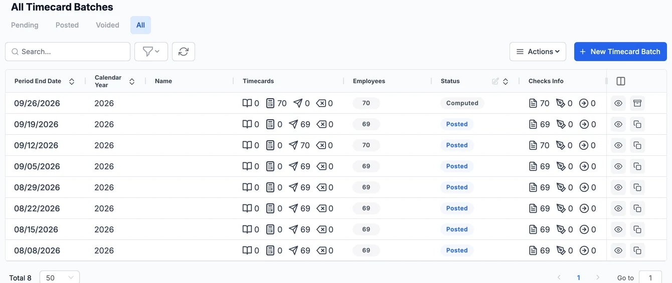 Timecard batches by period end date with timecards, employees, computed or posted status, and checks info