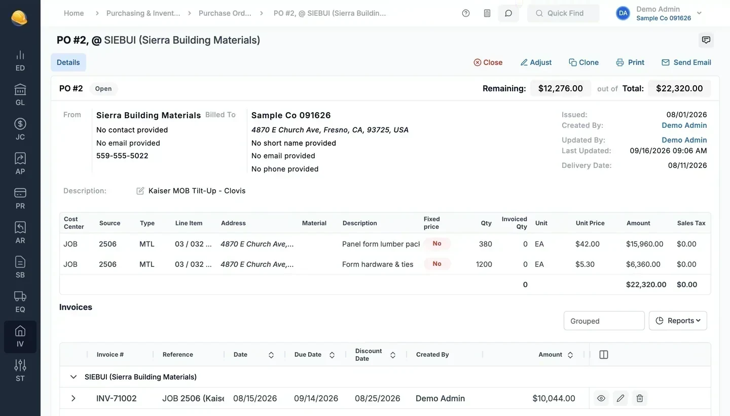 Purchase order #2 for job 2506: two material lines totaling $22,320, one vendor invoice, $12,276 remaining