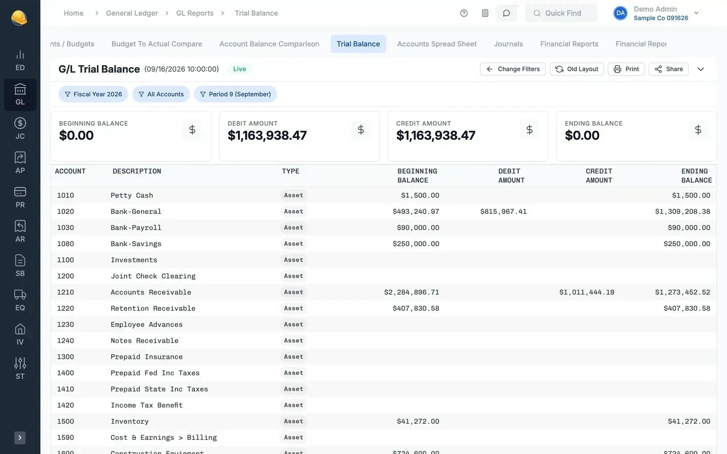 General ledger trial balance for period 9 of fiscal year 2026 with beginning balance, debits, credits, and ending balance by account
