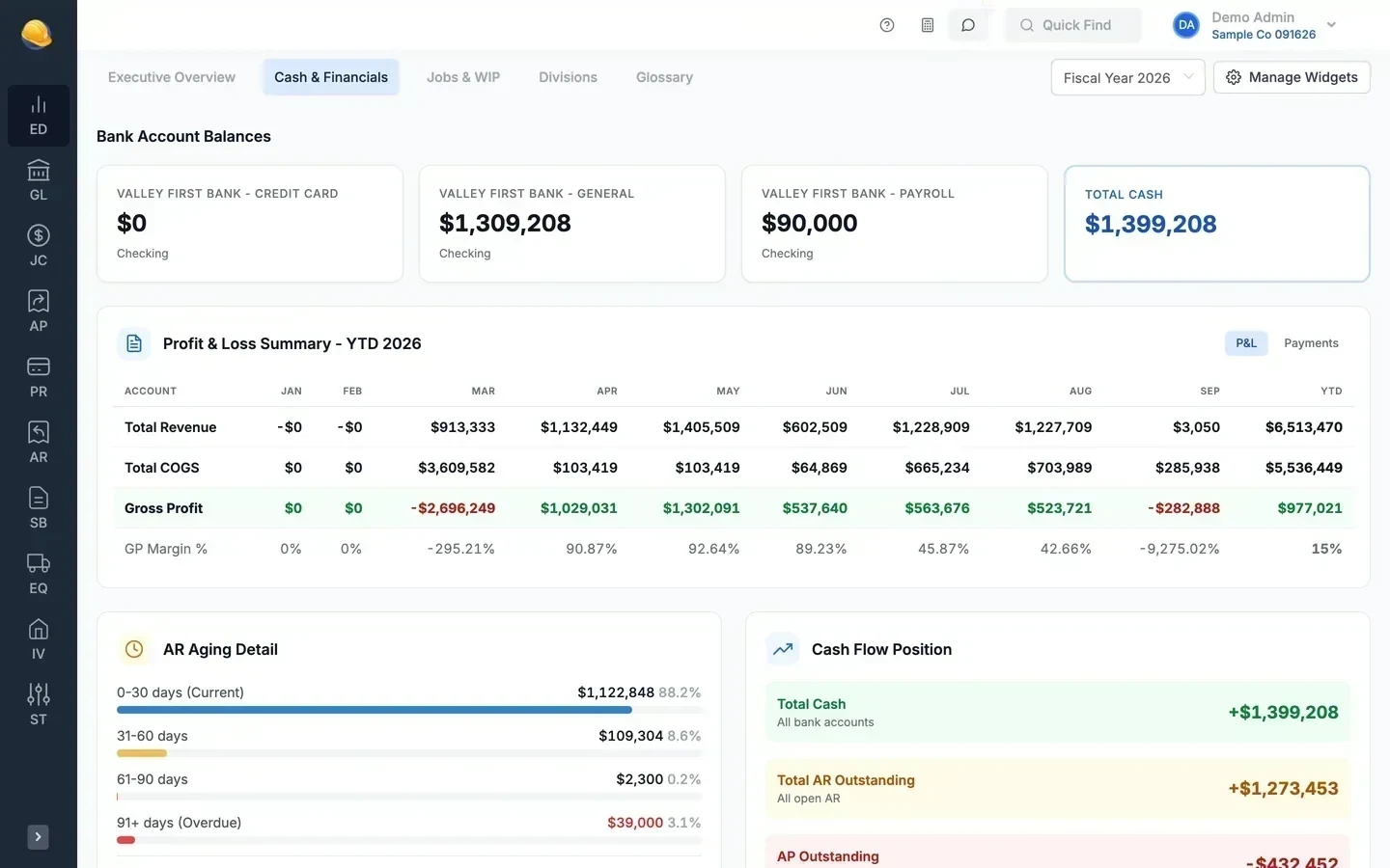 Executive dashboard cash and financials tab: bank balances, profit and loss summary, AR aging, and cash flow position
