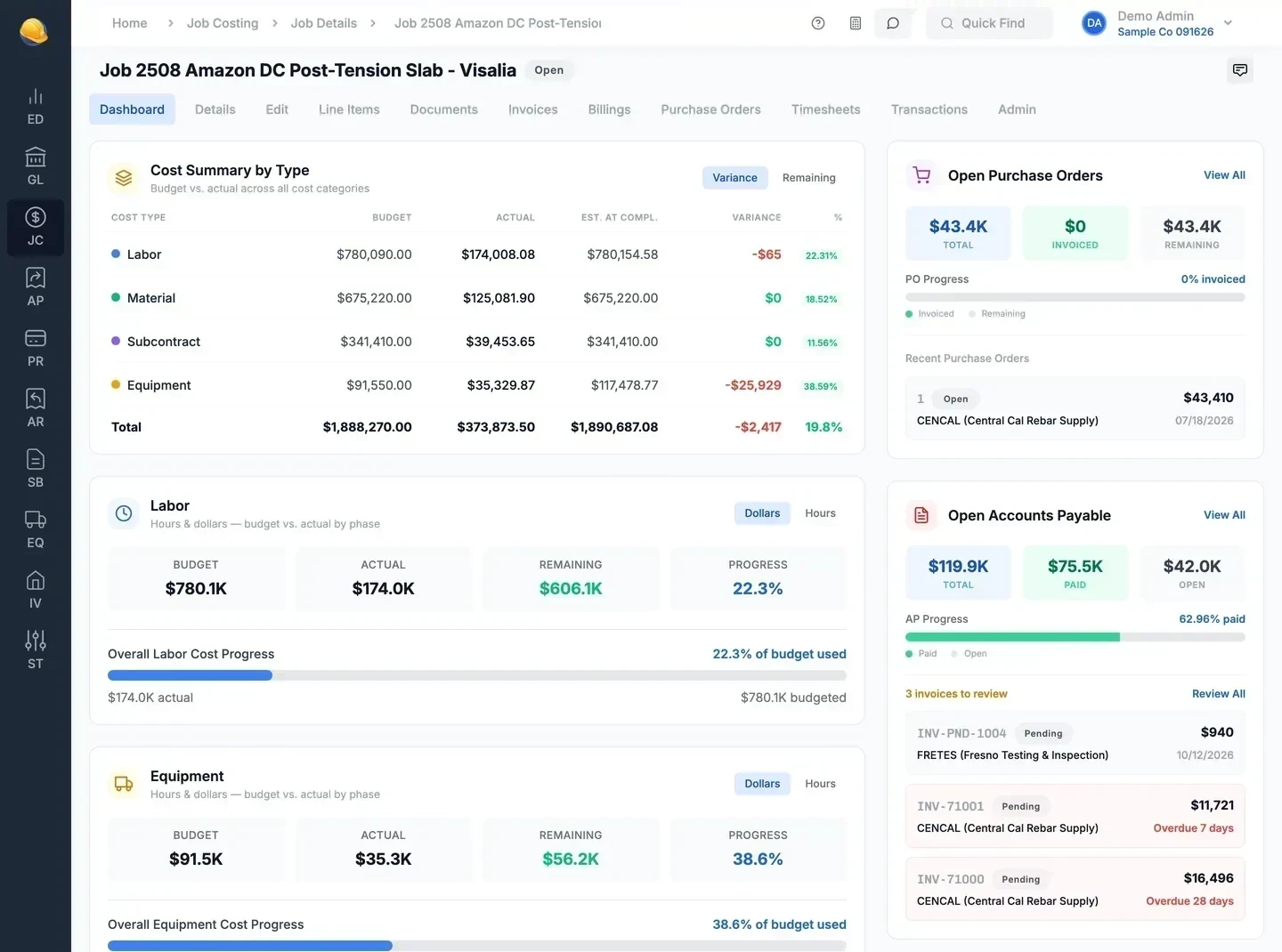 Job 2508 dashboard: cost summary by type with budget, actual, and variance, labor and equipment progress, open purchase orders with amount and invoiced to date, and open payables