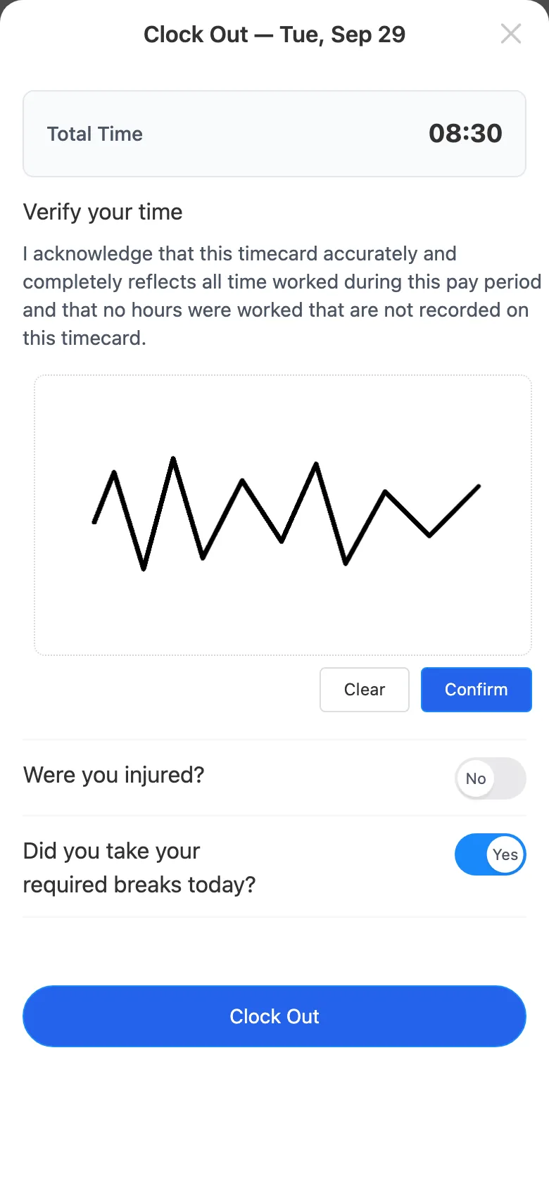 Timecard app clock-out for Tuesday Sep 29: 8 hours 30 minutes total, signature to verify time, injured no, required breaks yes