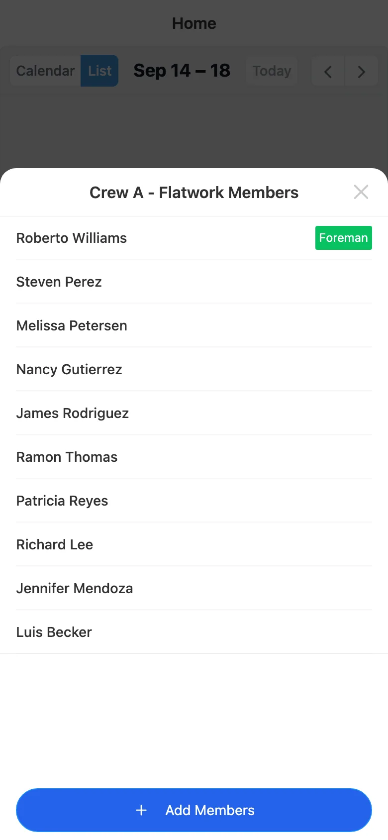 Timecard app crew view: Crew A Flatwork with its foreman and members