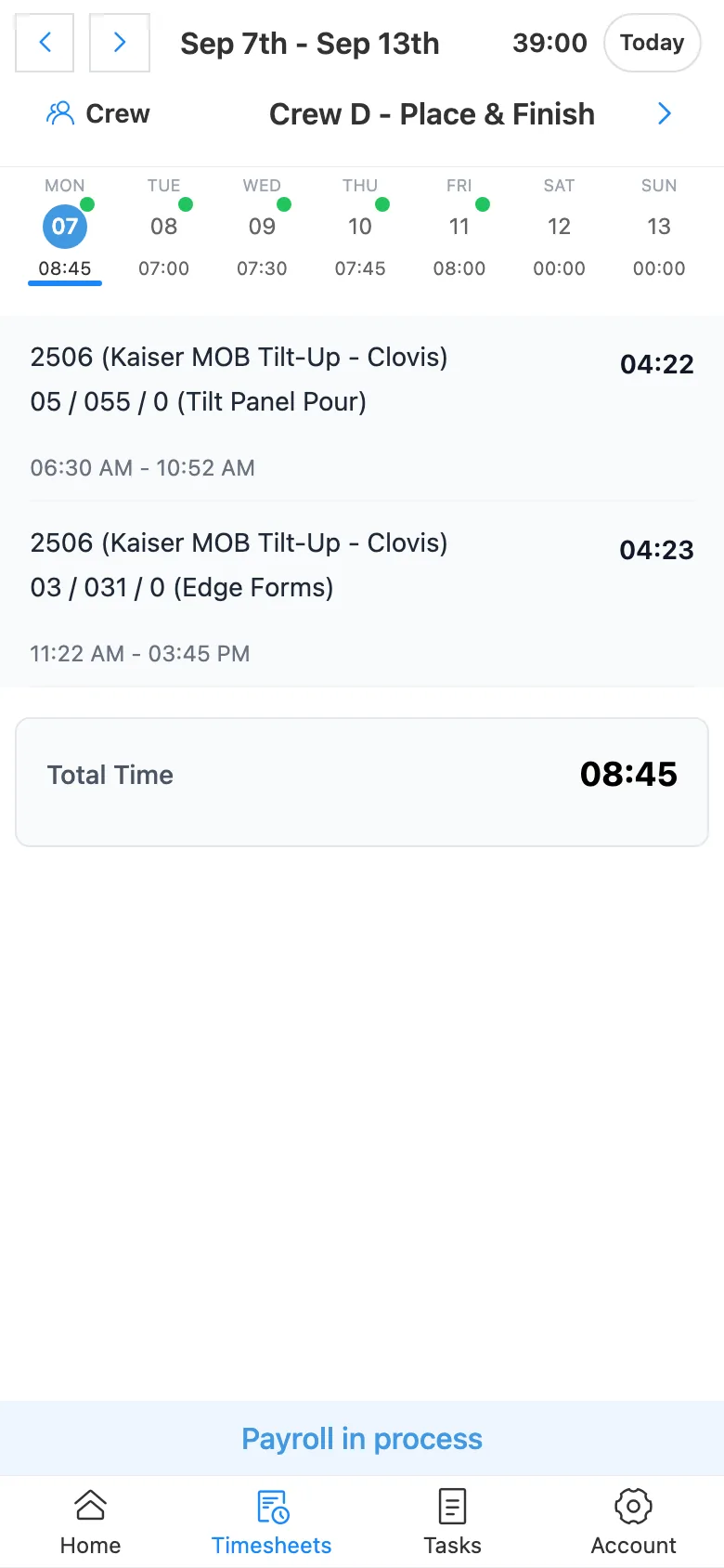 Timecard app day view: two entries on job 2506, Tilt Panel Pour and Edge Forms, 8 hours 45 minutes total