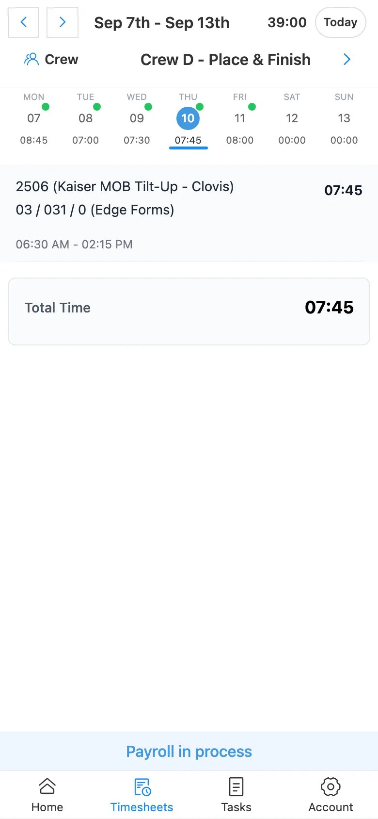 Timecard app week view: 39 hours logged, Thursday entry on job 2506, cost code Edge Forms