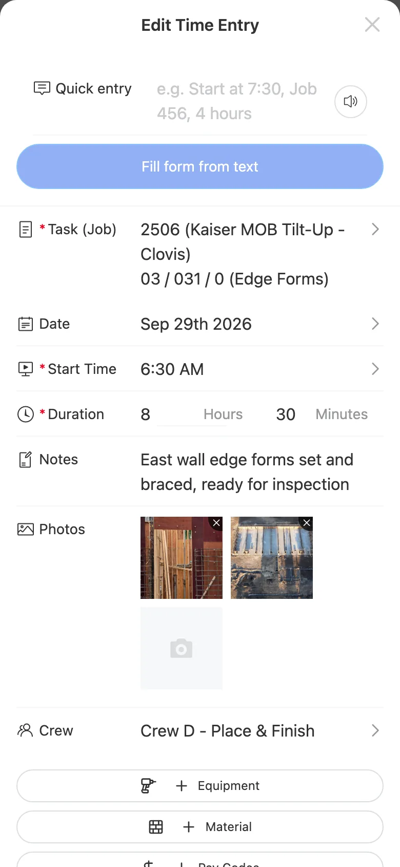 Timecard app time entry on job 2506 Edge Forms, 6:30 AM for 8 hours 30 minutes, with a note and two job site photos attached
