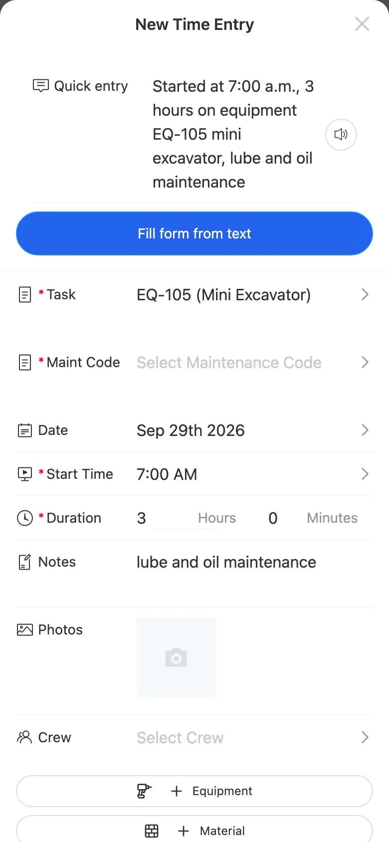 Timecard entry for a mechanic: task EQ-105 Mini Excavator, maintenance code field, 3 hours, lube and oil maintenance note