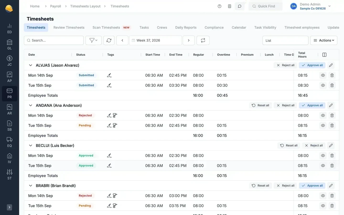 Timesheets for week 37 in Construction Partner: entries by employee with status, start and end times, regular and overtime hours, and approve all