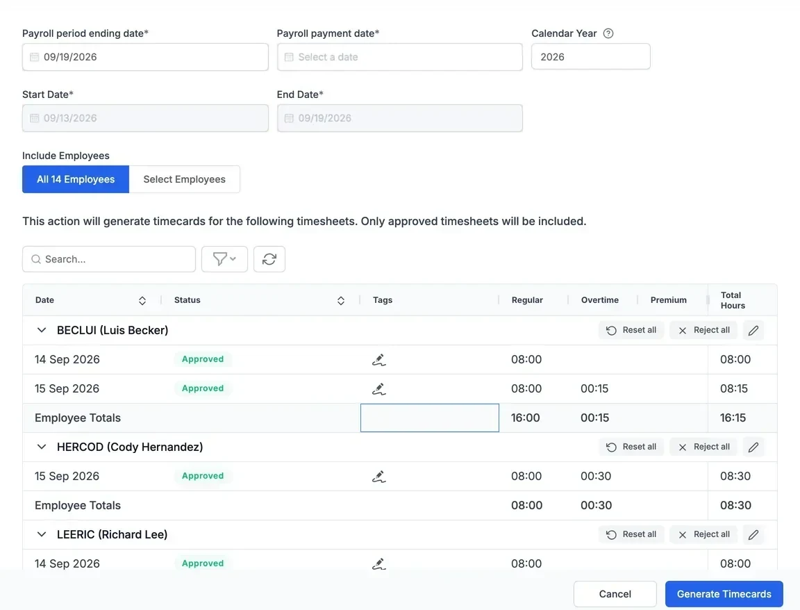 Generate timecards dialog for the pay period ending 09/19/2026, listing approved timesheets by employee with regular and overtime hours