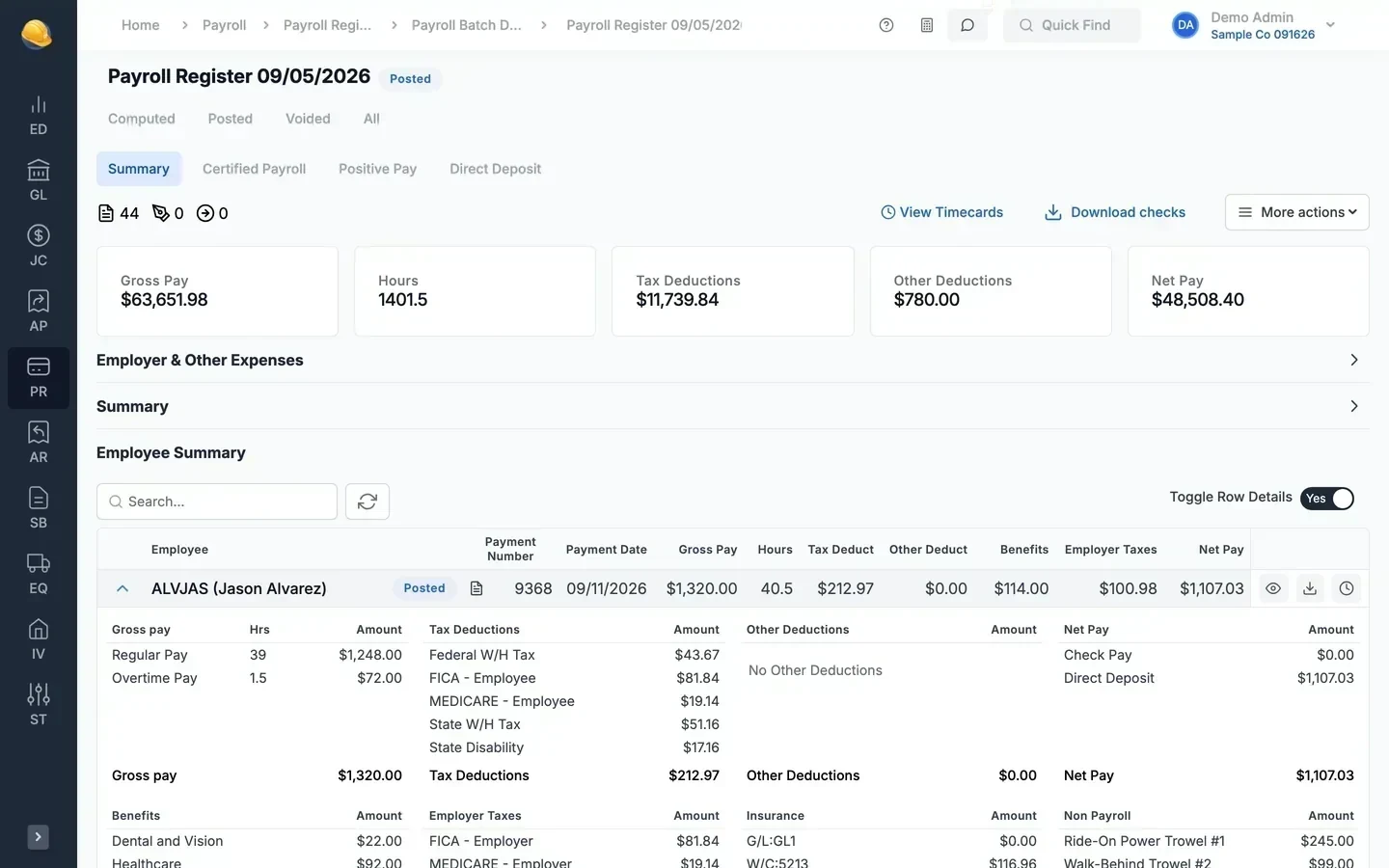 Payroll register with gross pay, hours, tax deductions, other deductions, and net pay, and one employee showing regular pay, FICA, Medicare, state withholding, healthcare benefit, and workers comp