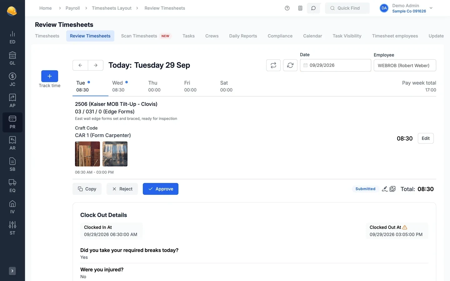 Review timesheets for Robert Weber on Tuesday Sep 29: job 2506 Edge Forms entry with note, craft code, two photos, approve and reject buttons, and clock-out details from 6:30 AM to 3:05 PM